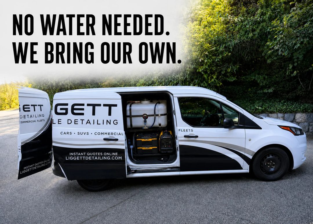 Do you need to provide water? No - we bring our own. Self-contained on-board water tank in the Liggett detailing van.