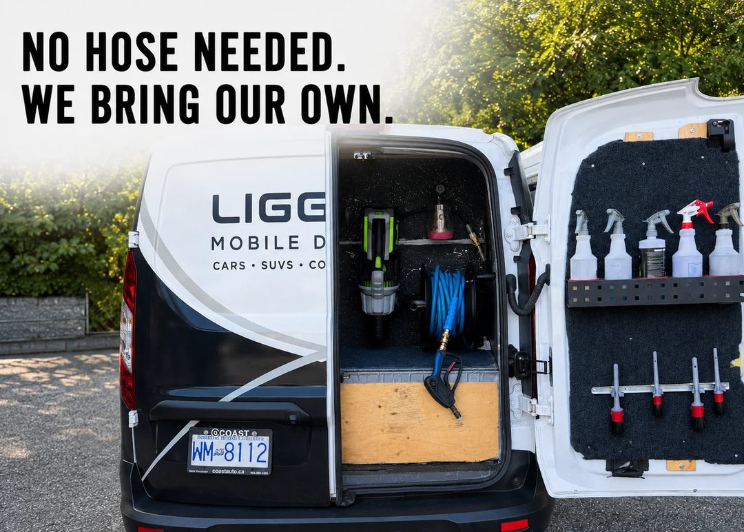 Do you need to provide a hose? No - we bring our own. On-board hose reels and detailing tools in the Liggett van.