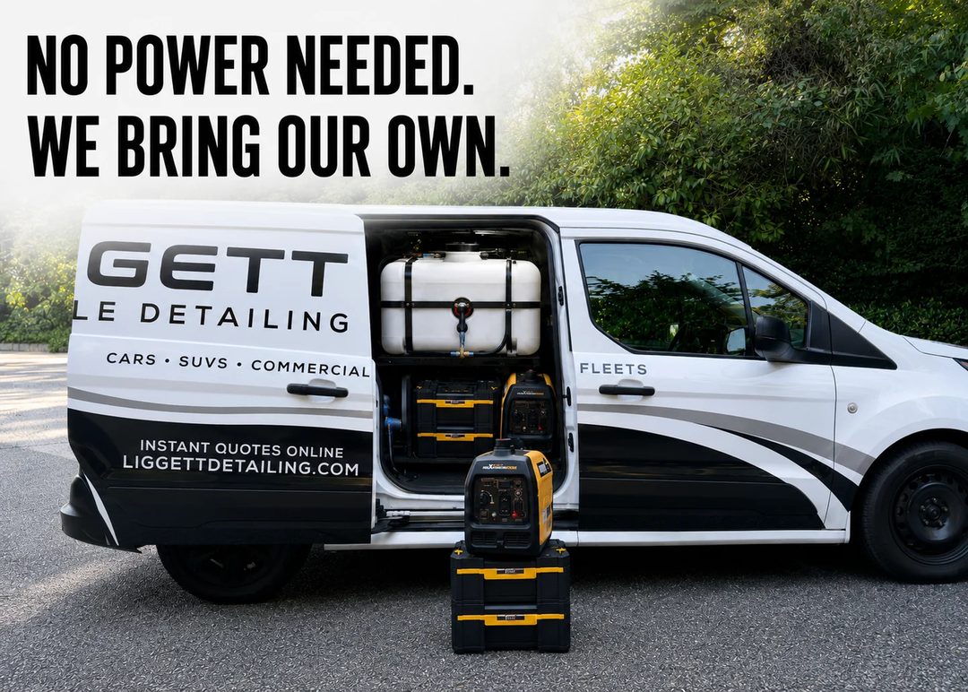 Do you need to provide power? No - we bring our own. Self-contained on-board generators in the Liggett detailing van.